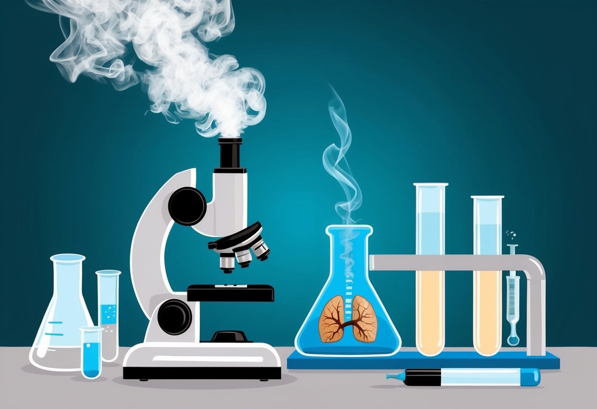 A laboratory setting with a microscope, test tubes, and scientific equipment.</p><p>Smoke rises from a bong, indicating the harmful effects on lung tissue