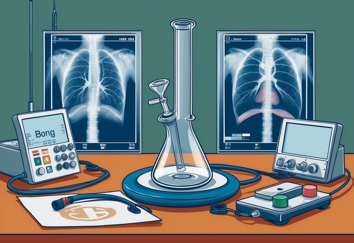 A bong sits on a table, surrounded by medical equipment and X-rays showing signs of lung disease