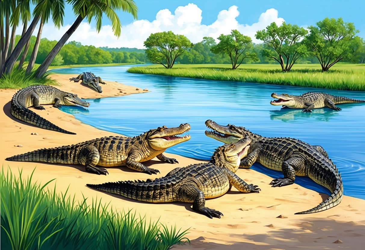 Crocodiles basking in the sun by a river, interacting with each other and displaying social behavior