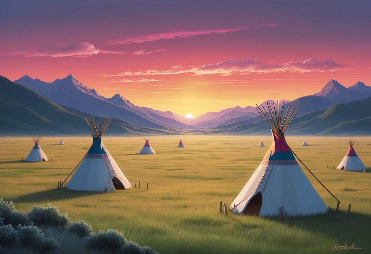 A serene landscape with a colorful sunset over a vast, open plain, dotted with teepees and surrounded by mountains