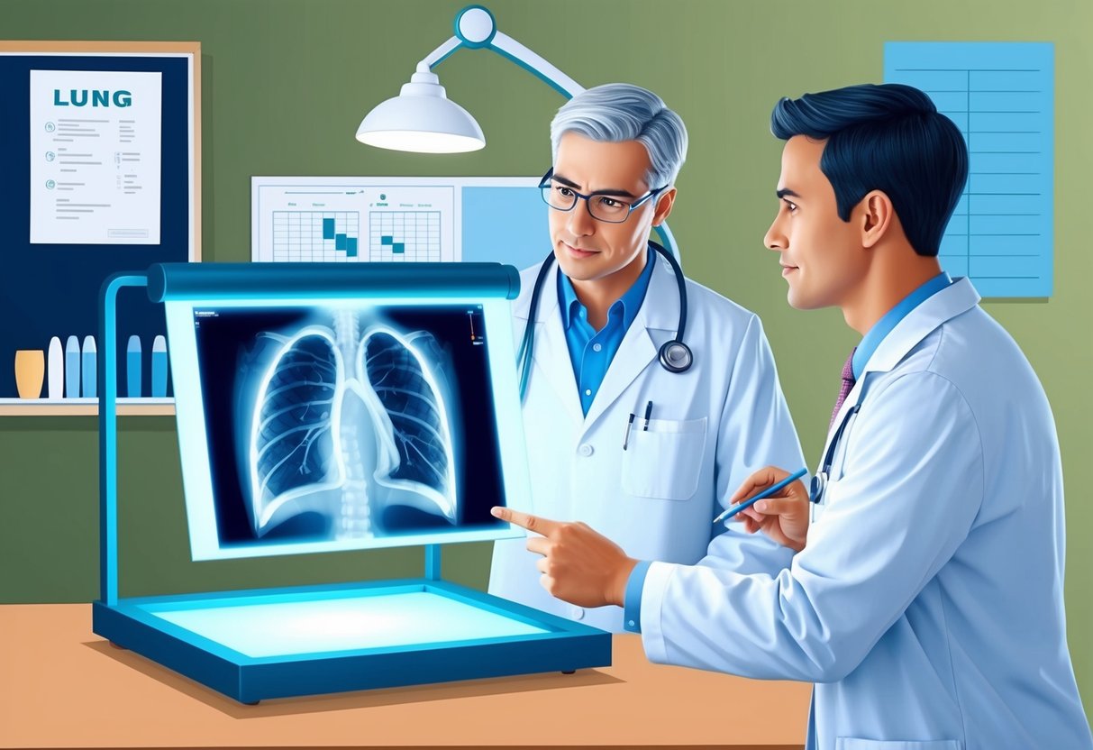 A doctor in a lab coat examines a lung X-ray on a lightbox, with medical equipment and charts in the background