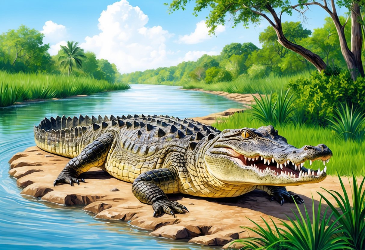 A crocodile basking on a riverbank, surrounded by lush greenery and shimmering water, with its powerful jaws open in a menacing display