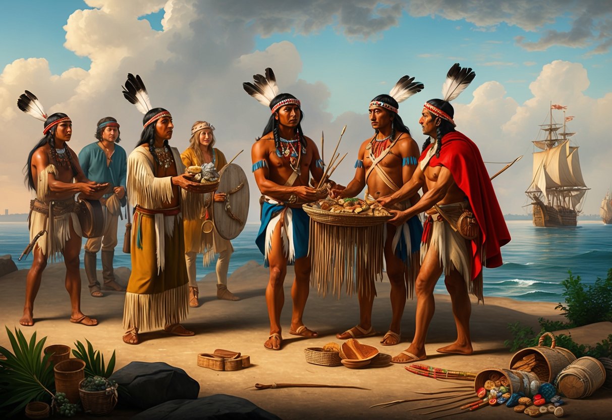 Native Americans trading with European explorers, exchanging goods and cultural ideas