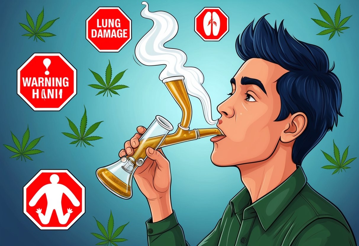 A person inhaling cannabis concentrate vapor from a bong, surrounded by warning signs of lung damage