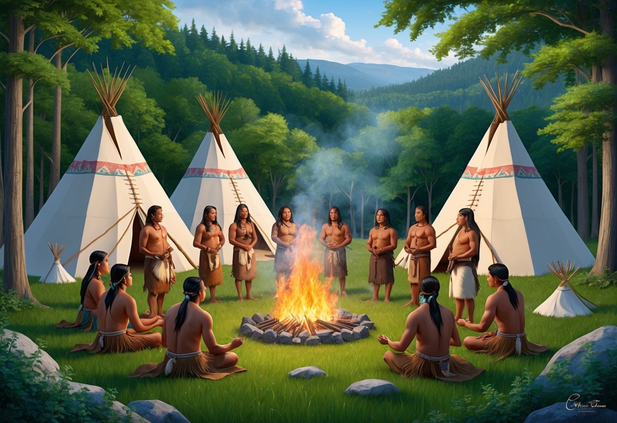 A group of Native Americans gather around a central fire, surrounded by teepees and a lush, forested landscape