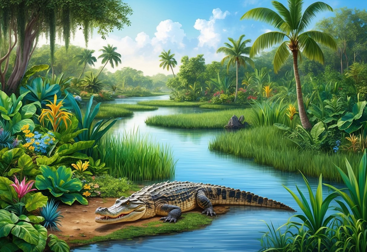 A lush wetland teeming with diverse flora and fauna, with a majestic crocodile basking in the sun near a tranquil river