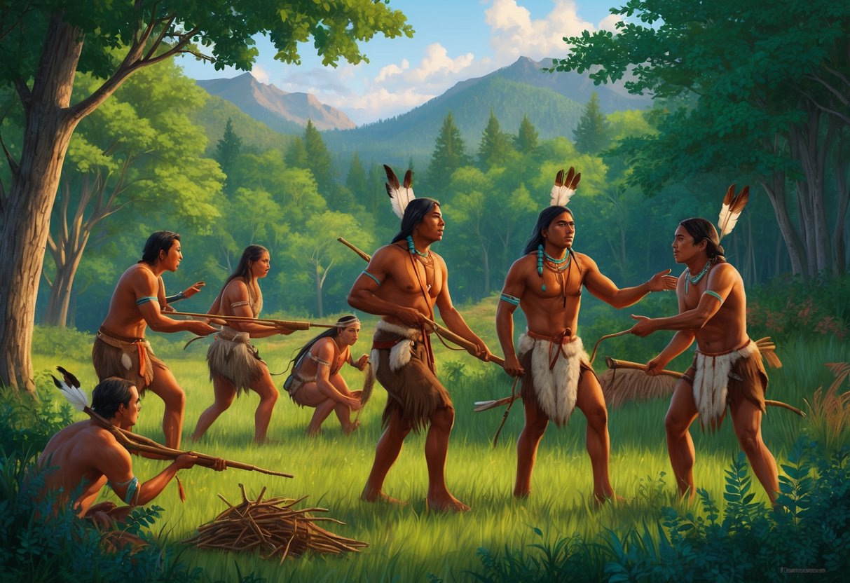 A group of Native Americans hunting and gathering in a lush, forested landscape, showcasing their resilience and connection to nature