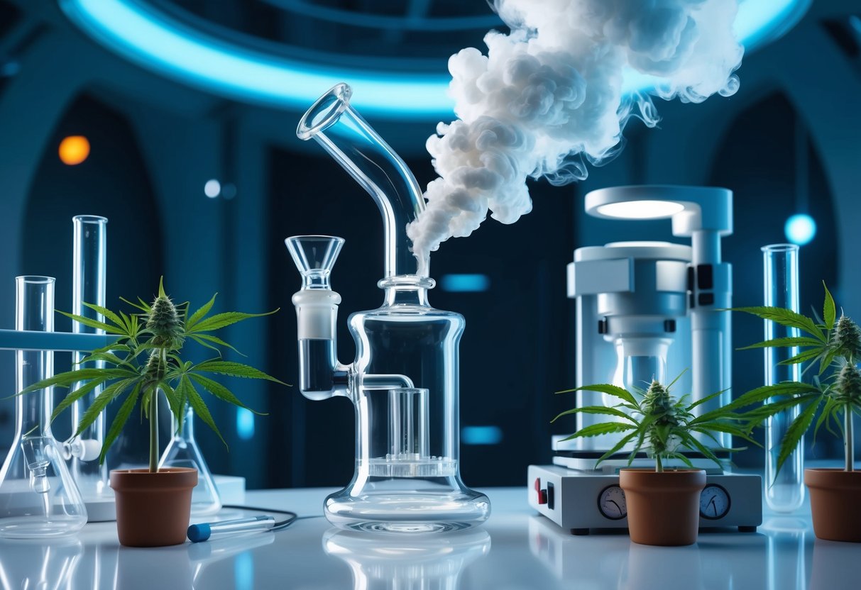 A glass bong exhales a cloud of smoke, surrounded by scientific equipment and cannabis plants in a futuristic laboratory