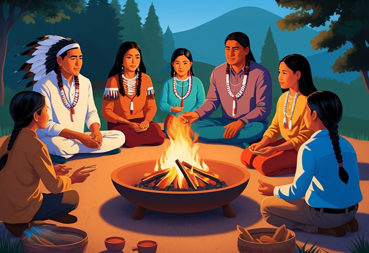 A modern Native American family gathered around a traditional fire pit, sharing stories and passing down cultural knowledge