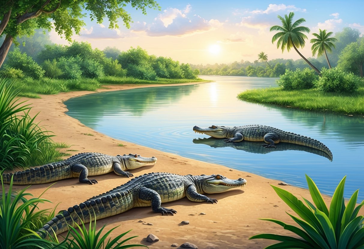 A riverbank with lush vegetation and calm waters, two crocodiles basking in the sun, surrounded by a peaceful and serene atmosphere