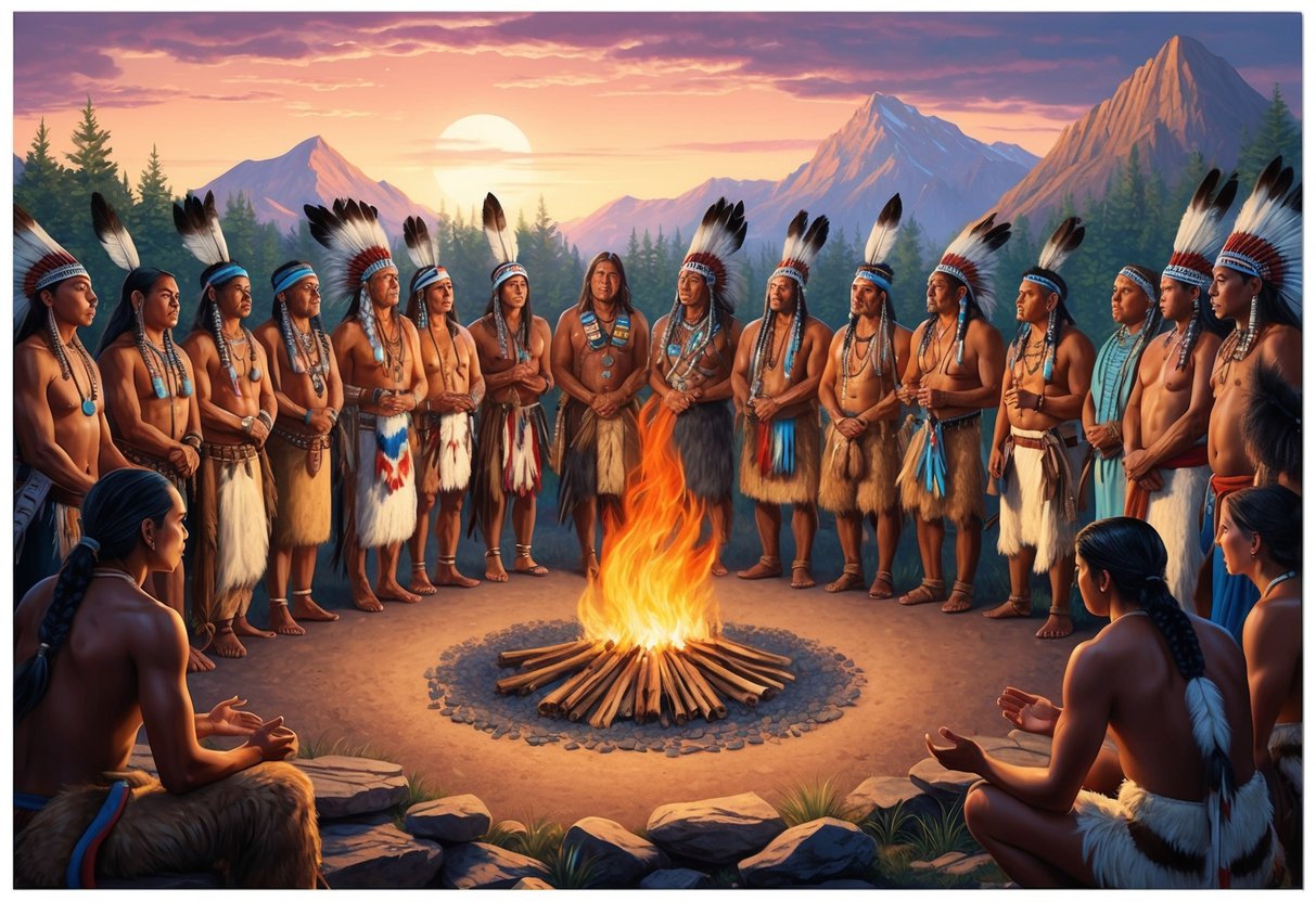 A diverse group of Native American tribes and nations gather around a central fire, representing their unique cultures and origins