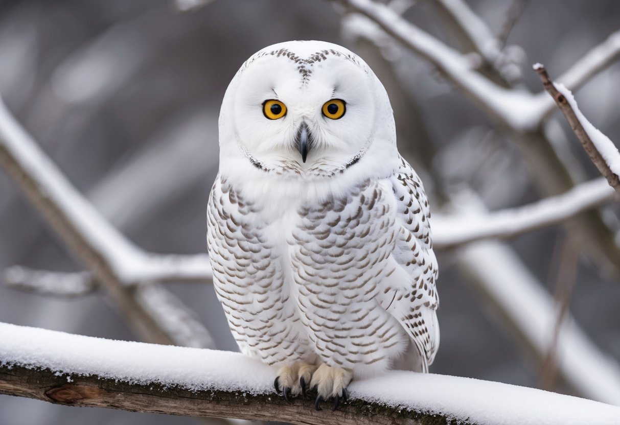 A snowy owl perched on a snow-covered branch, with its large, round, yellow eyes staring out intently