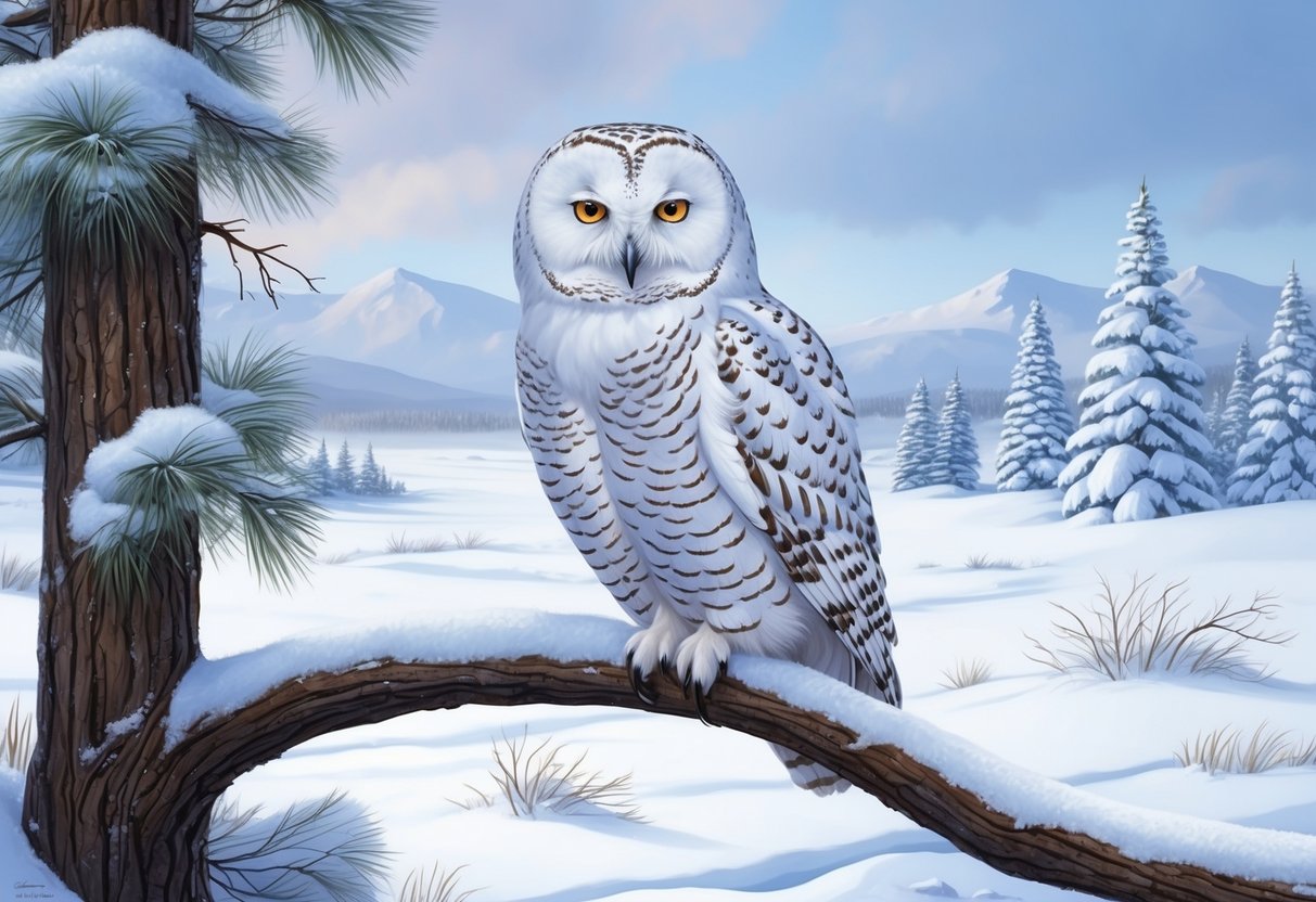 A snowy owl perched on a snow-covered tree branch in a wintry tundra landscape