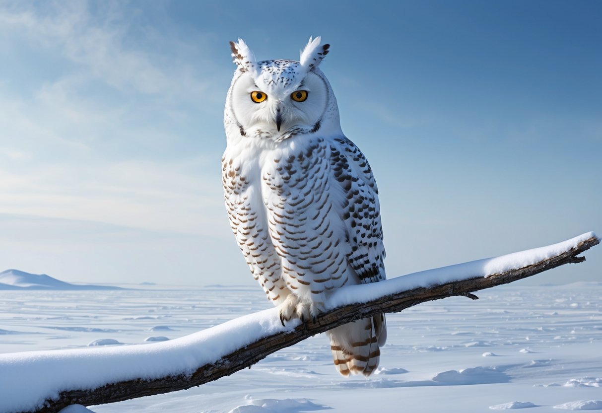 A snowy owl perched on a snow-covered branch, surrounded by a vast, open landscape of snow and ice