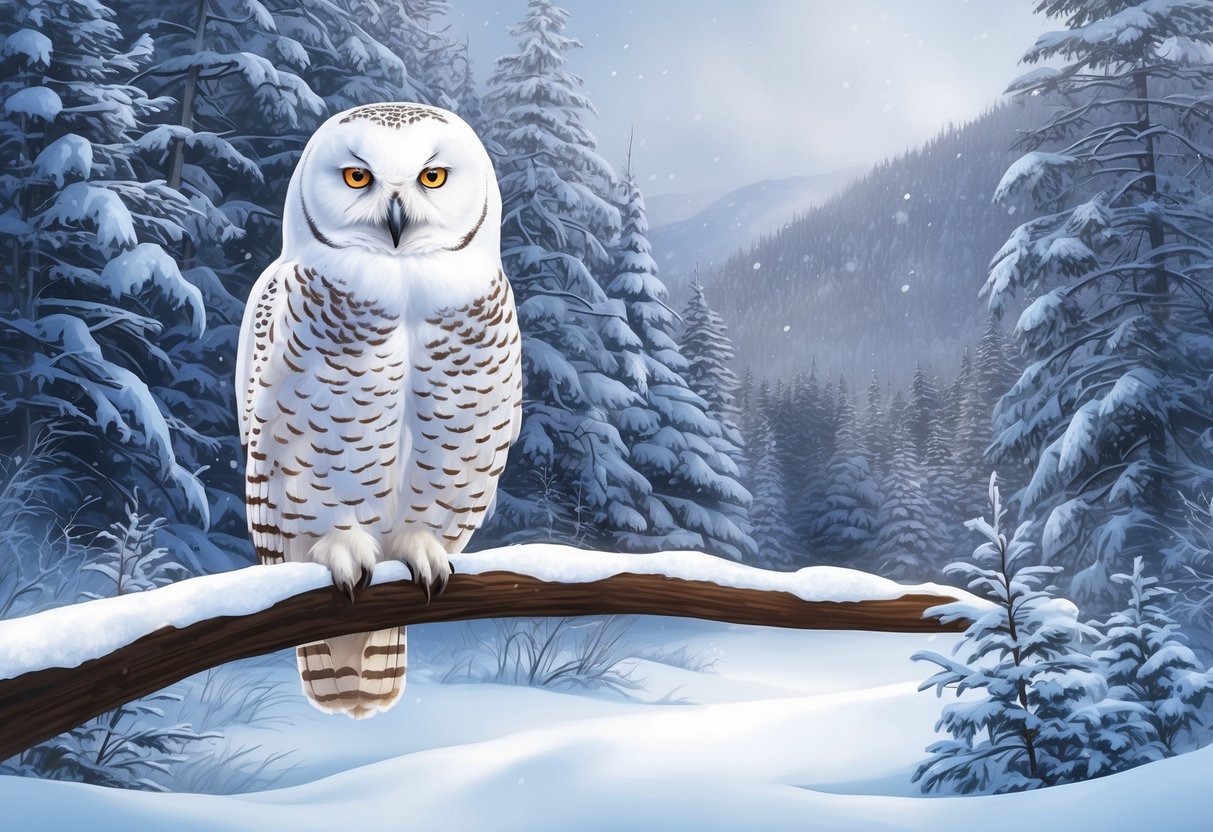 A snowy owl perched on a snow-covered branch, surrounded by a wintry forest landscape