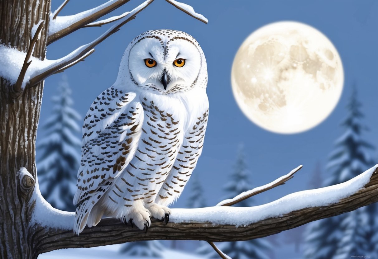 A snowy owl perched on a snow-covered tree branch, with a full moon in the background