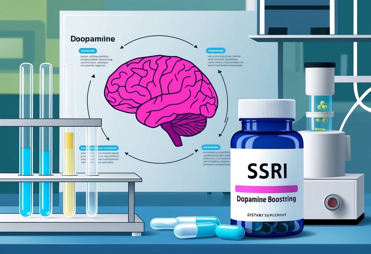 A laboratory setting with test tubes and scientific equipment, a brain diagram showing dopamine pathways, and a pill bottle labeled "SSRI" next to a dopamine-boosting supplement