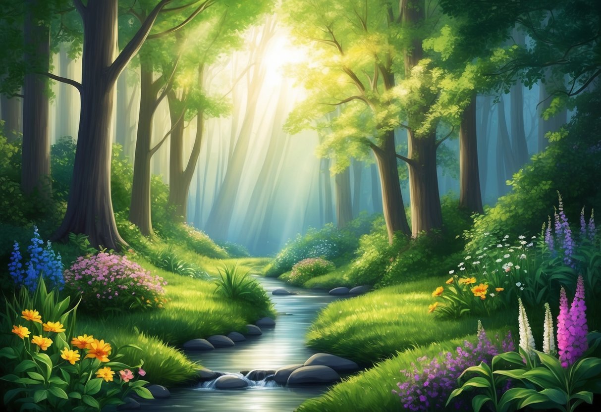 A serene forest with sunlight filtering through the trees, highlighting a variety of colorful flowers and plants.</p><p>A stream flows gently through the scene, creating a peaceful and calming atmosphere