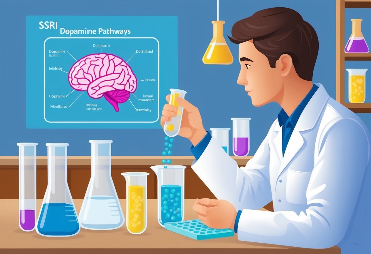 A laboratory setting with test tubes and beakers, a diagram of the brain showing dopamine pathways, and a person taking an SSRI medication