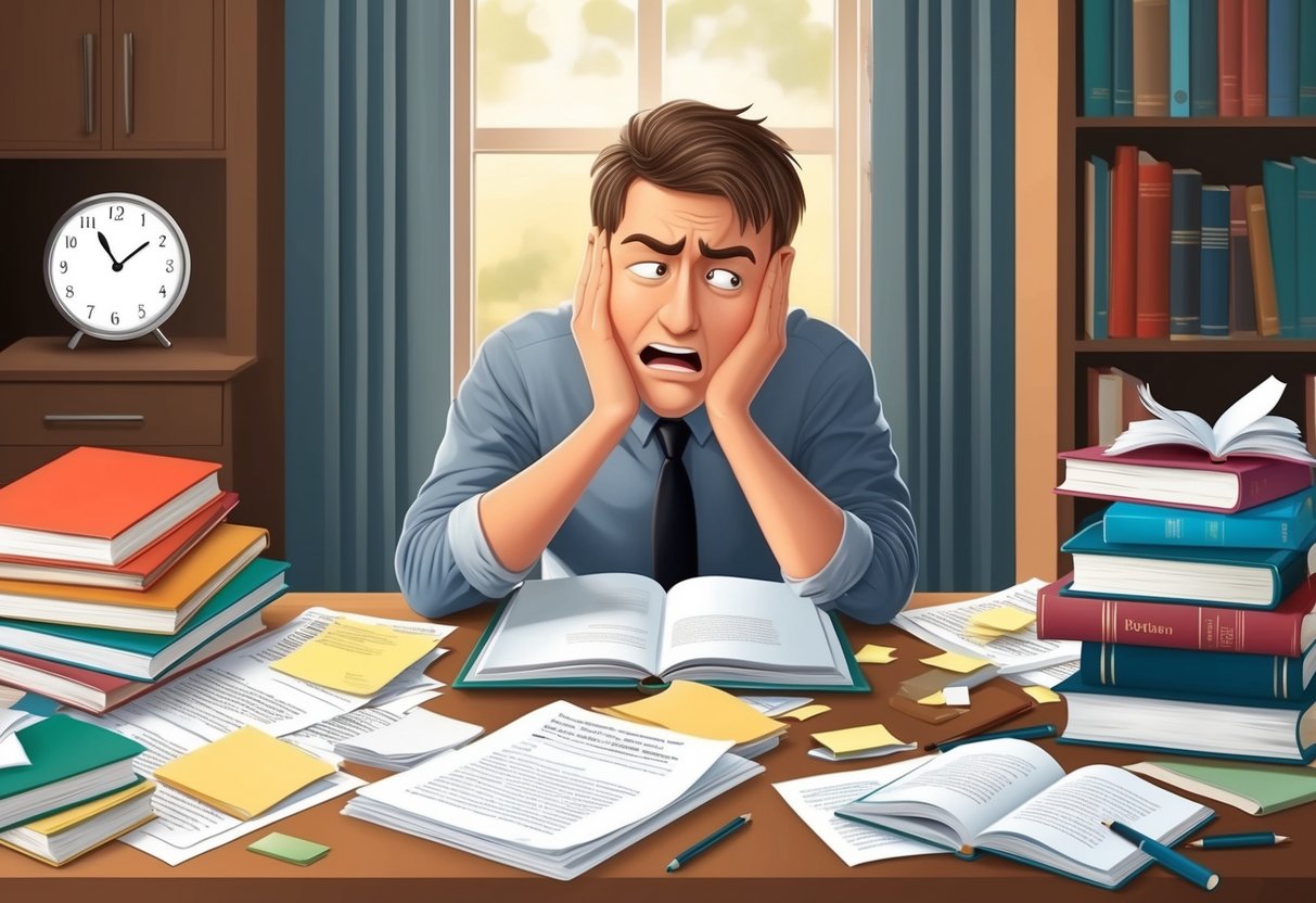 A cluttered desk with scattered papers and textbooks, a clock ticking in the background, and a frustrated expression on a faceless figure's face