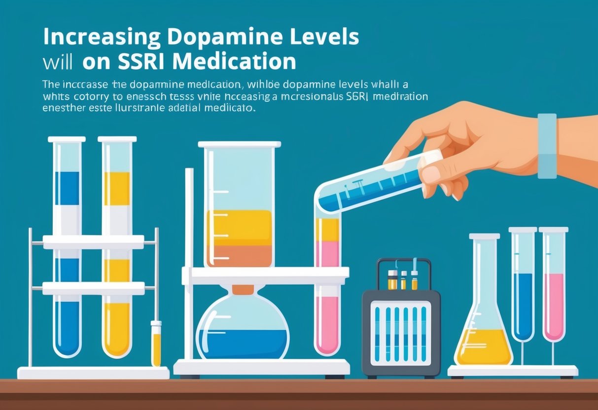 A laboratory setting with test tubes and scientific equipment, with a focus on the process of increasing dopamine levels while on SSRI medication