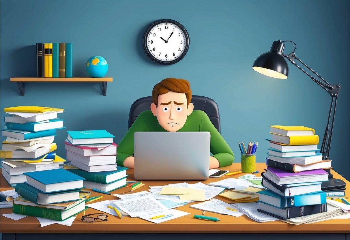 A cluttered desk with scattered papers, textbooks, and a laptop.</p><p>A clock on the wall shows late hours.</p><p>A stressed expression on a faceless figure