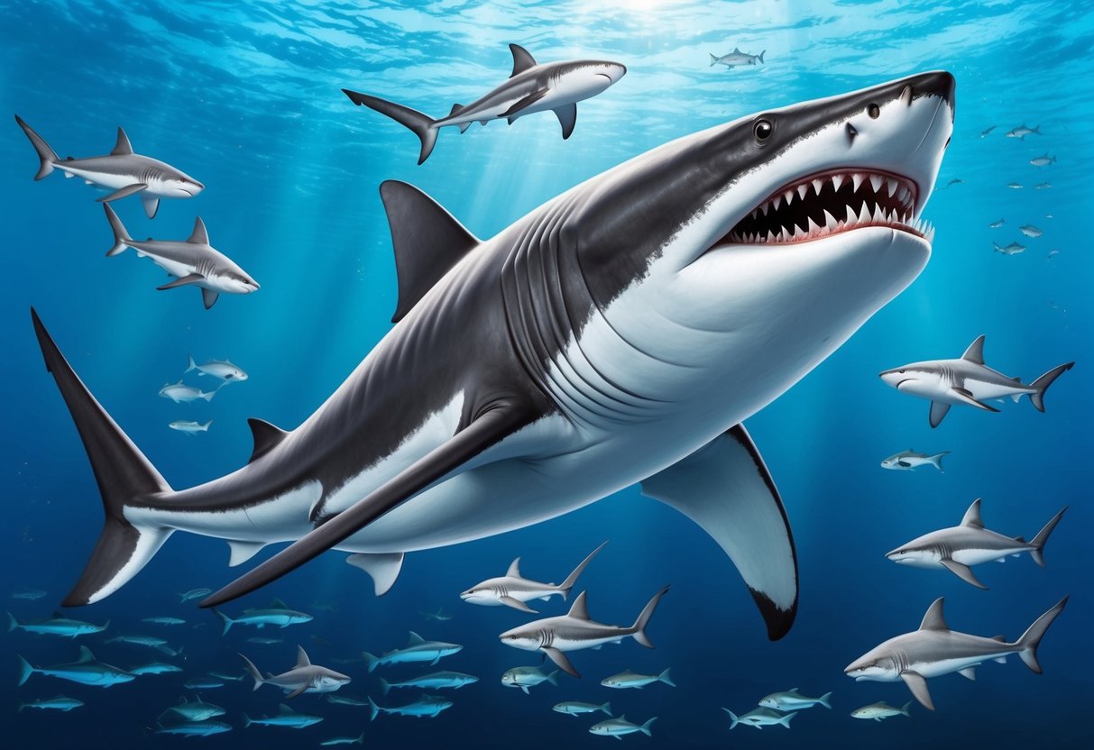 A massive megalodon swims through a modern ocean, surrounded by smaller sharks and fish, showcasing the continued existence of this ancient predator