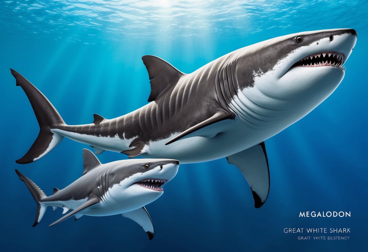 A massive megalodon swims alongside a great white shark, showcasing their size difference and suggesting the megalodon's continued existence