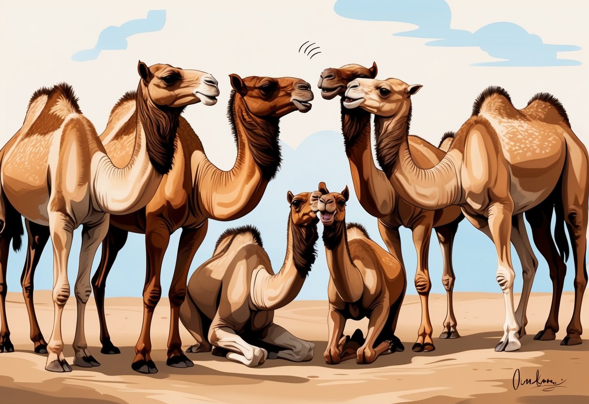 A group of camels interacting, some nuzzling each other, while others are vocalizing and gesturing with their heads and bodies