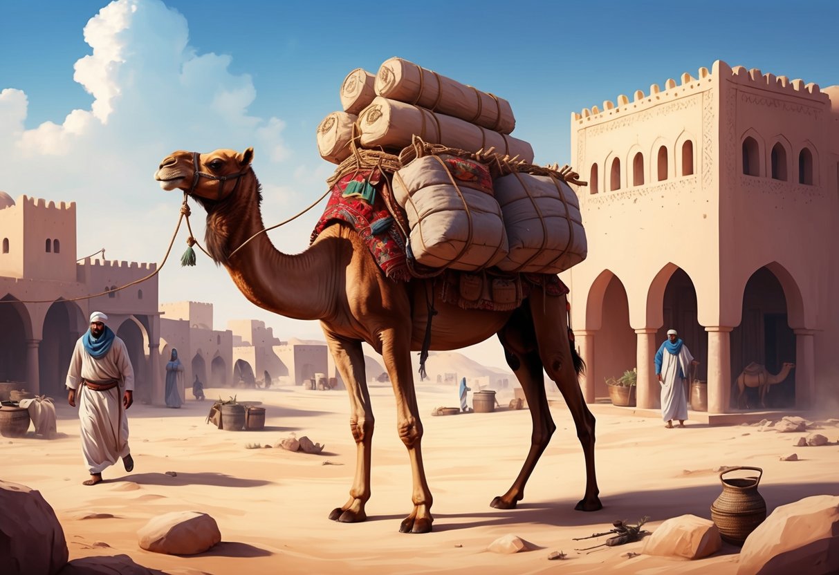 A camel carrying heavy loads in a desert village