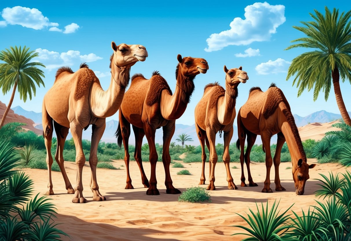 A group of camels grazing peacefully in a desert oasis, surrounded by lush greenery and clear blue skies