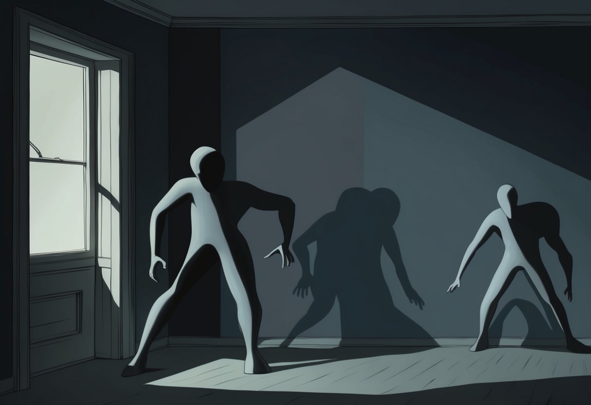 A dimly lit room with objects casting elongated shadows, creating the illusion of humanoid figures lurking in the darkness