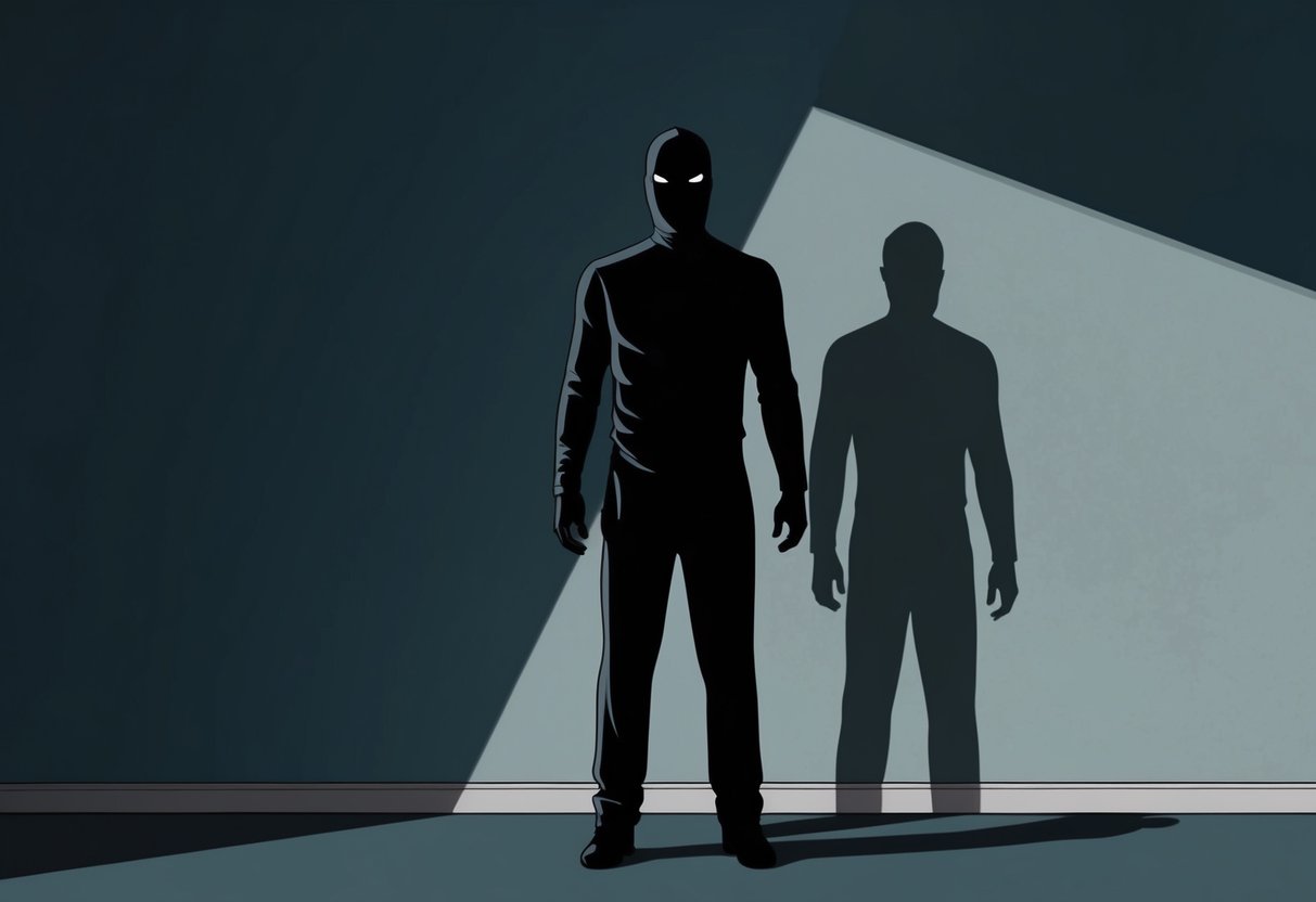 A dark figure with no distinct features stands in a dimly lit room, casting a long, looming shadow on the wall behind it