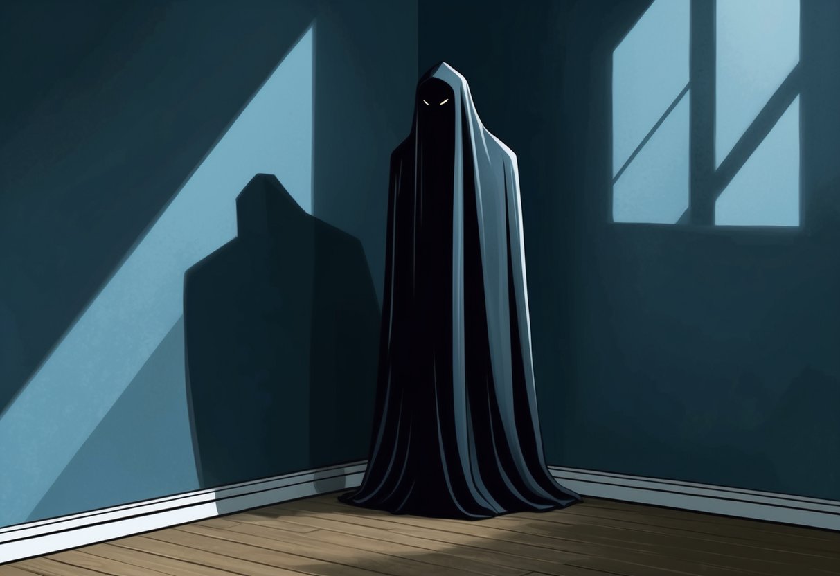 A dark figure looms in the corner, its form elusive and indistinct, casting a long, ominous shadow across the room