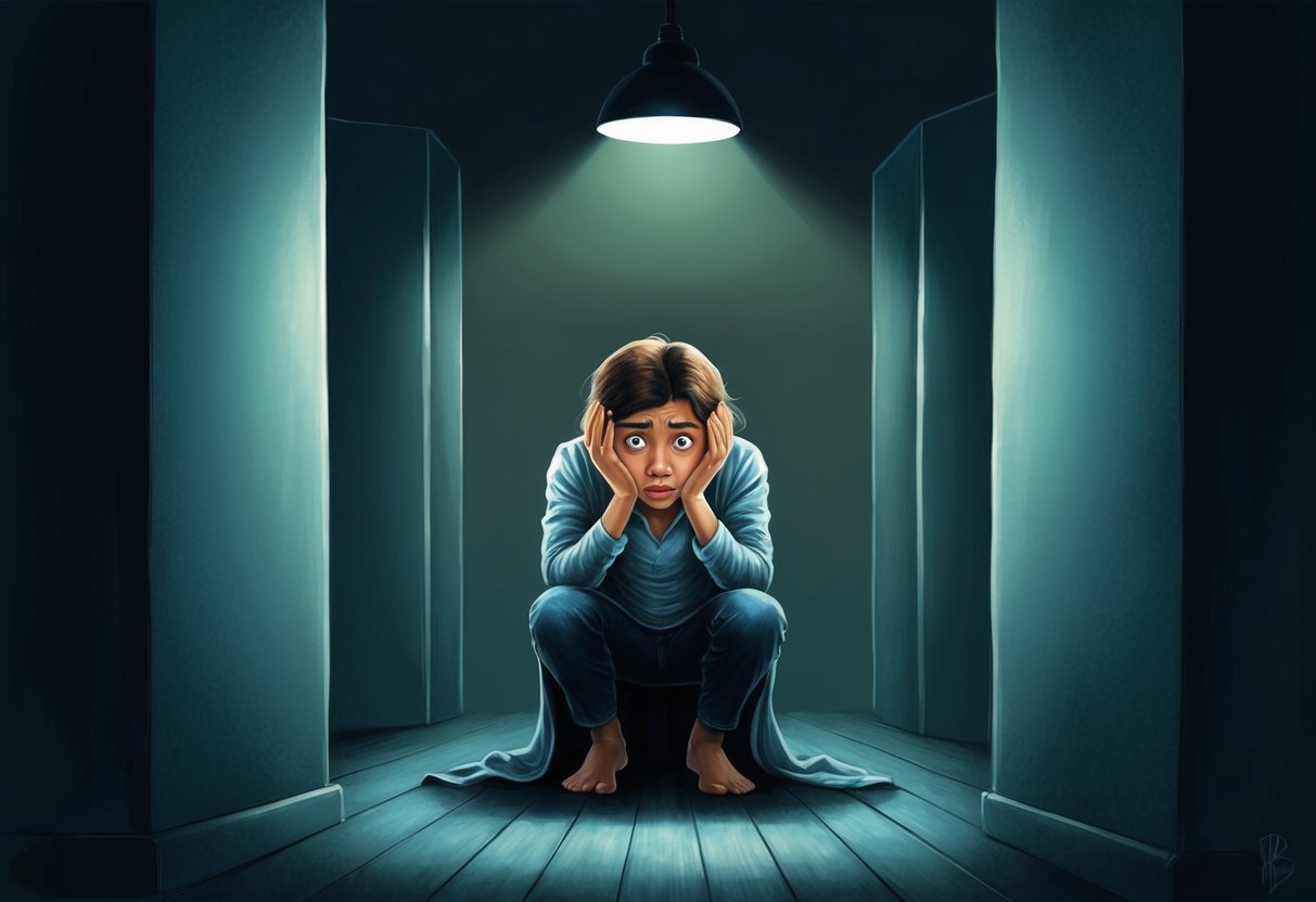 A figure cowers in a dimly lit room, surrounded by looming, indistinct shapes.</p><p>The figure's wide eyes and tense posture convey a sense of fear and unease