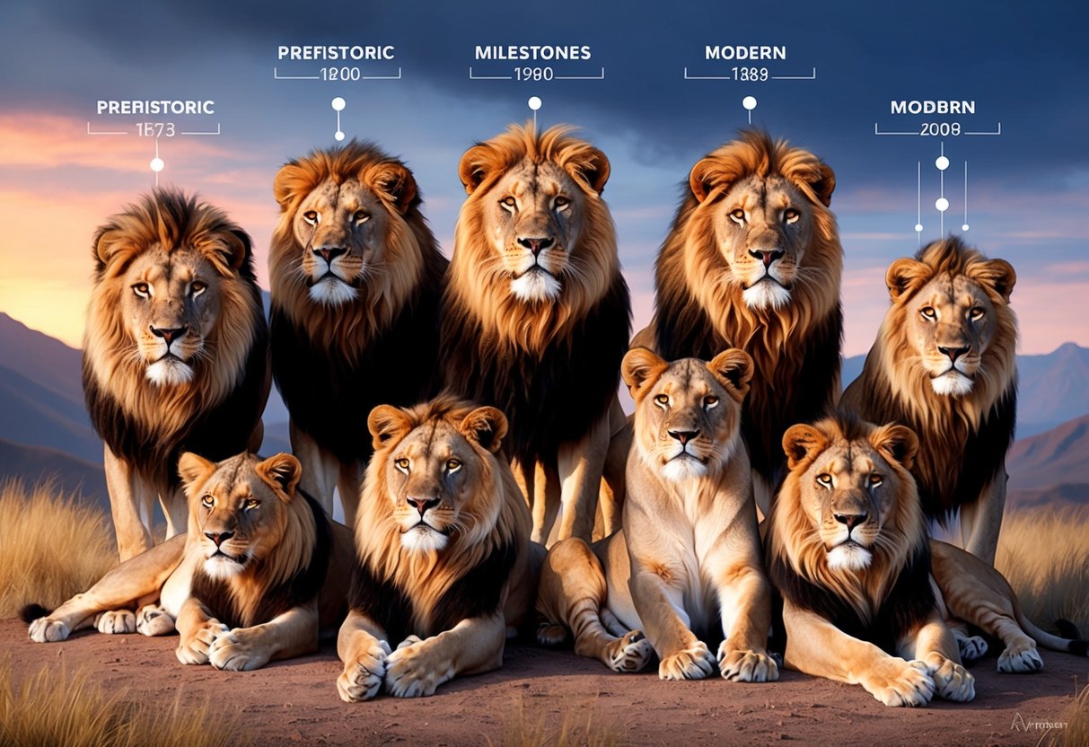 A pride of lions, spanning from prehistoric to modern, showing genetic milestones in evolution