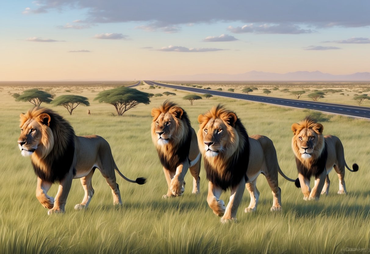 Lions roam a grassy savannah, their territory encroached upon by human development.</p><p>A highway cuts through their once vast habitat, fragmenting their population