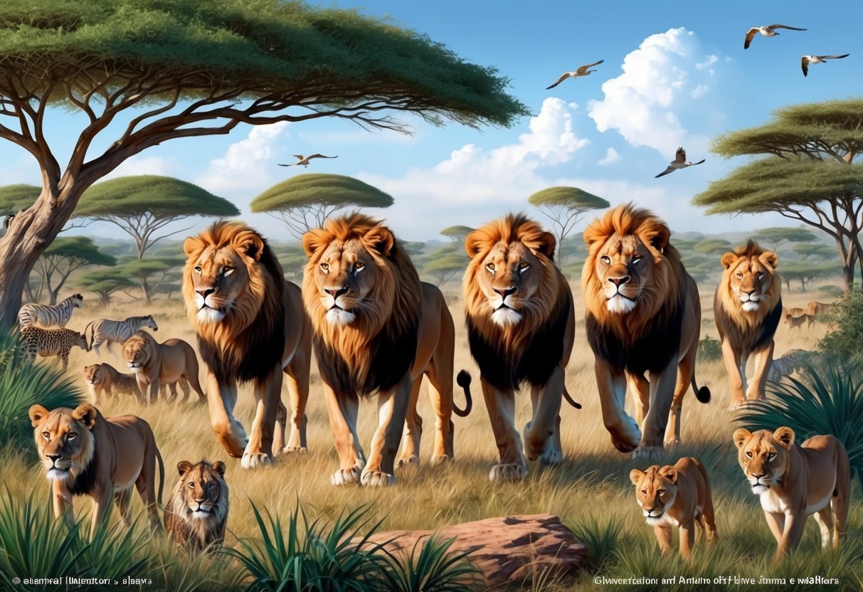 A pride of lions roam a savanna landscape, surrounded by diverse wildlife and lush vegetation, symbolizing the conservation and future evolution of these majestic creatures