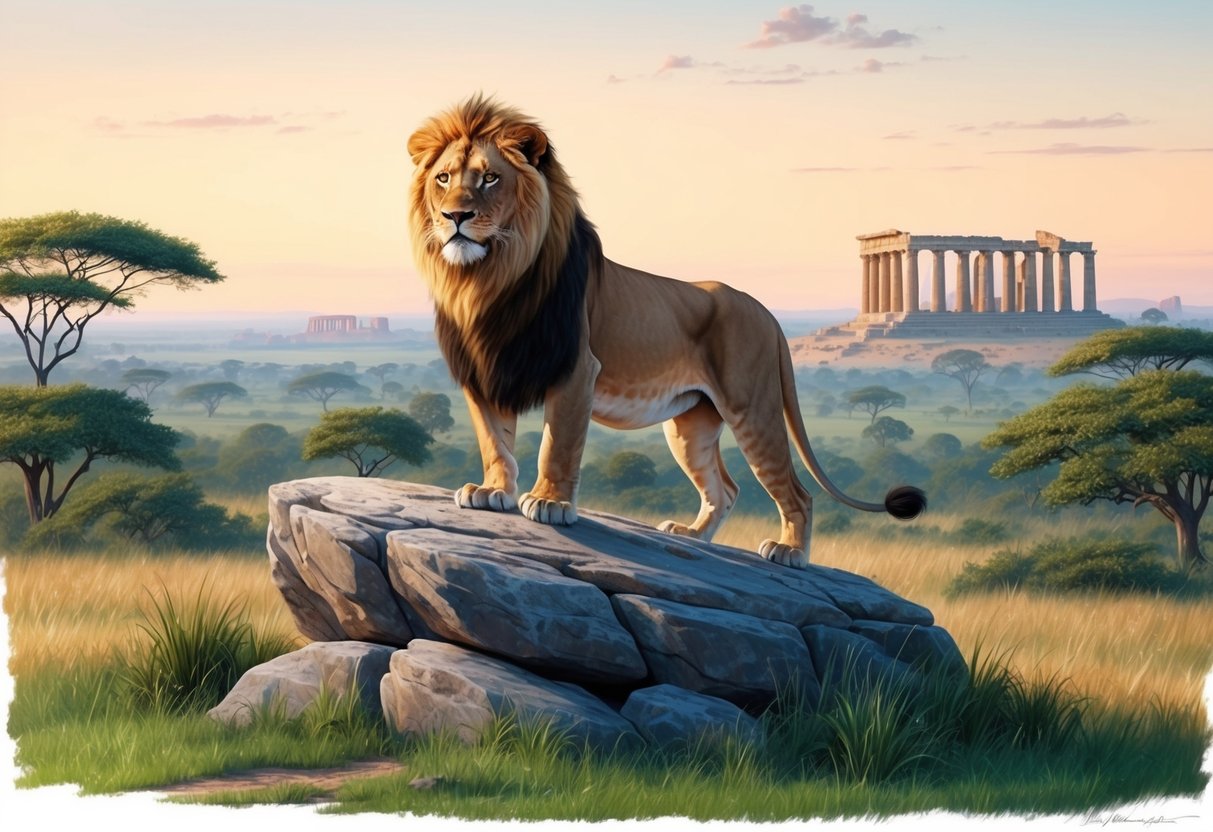 A lion standing proudly atop a rocky outcrop, surrounded by lush savanna, with a distant silhouette of ancient ruins in the background