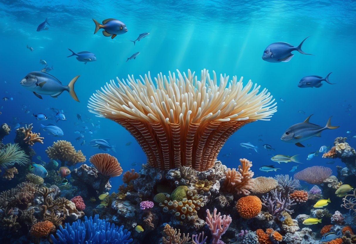 A venus flower basket is attached to a coral reef, surrounded by various marine organisms in a clear, blue ocean