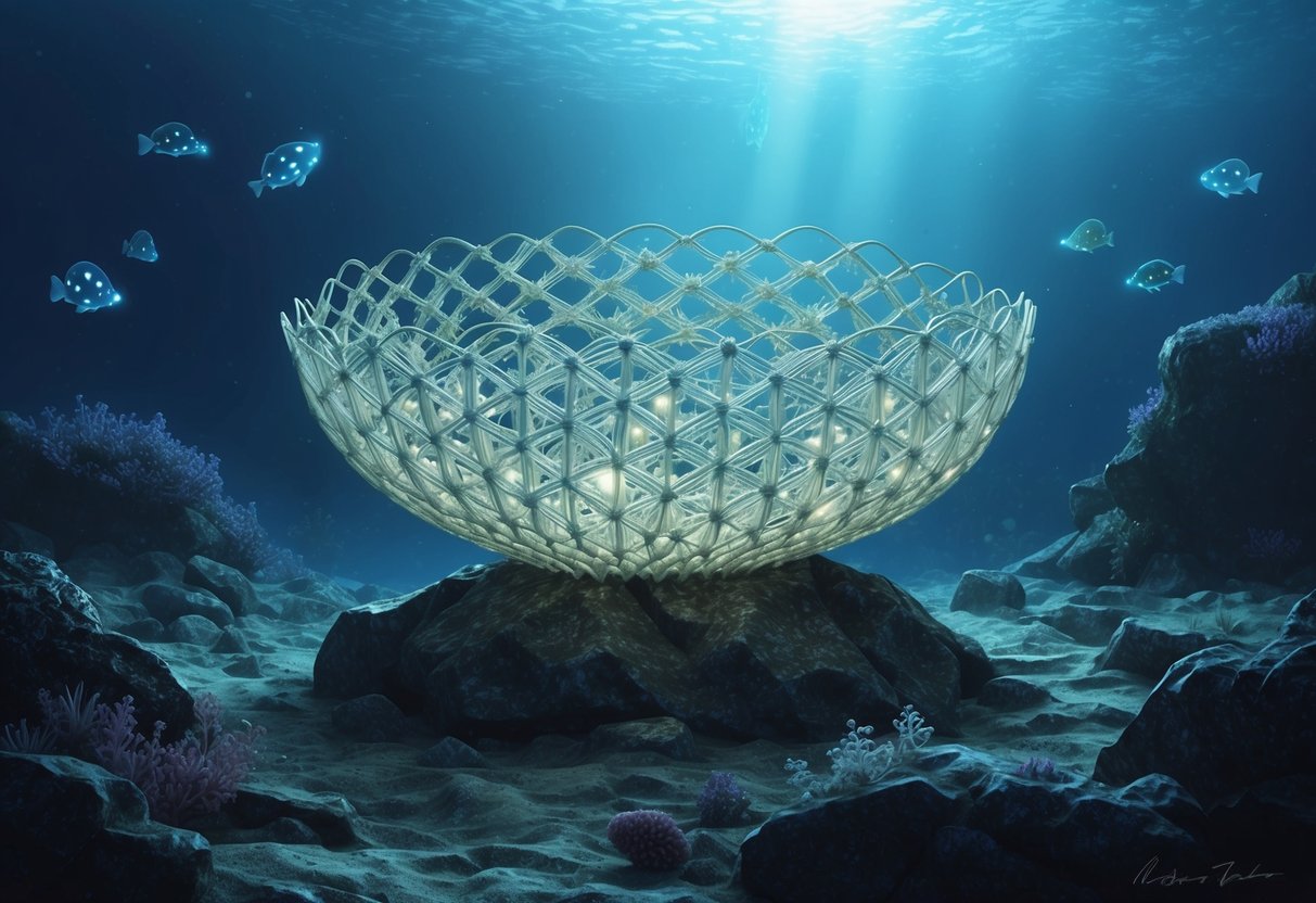 A venus flower basket sits on a rocky ocean floor, its delicate lattice structure illuminated by the soft glow of bioluminescent creatures