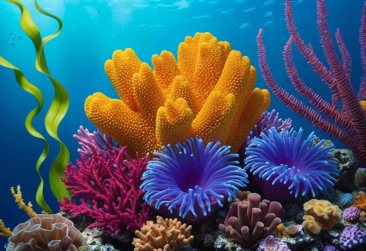 A vibrant coral reef with a venus flower basket sponge nestled among colorful sea anemones and swaying seaweed