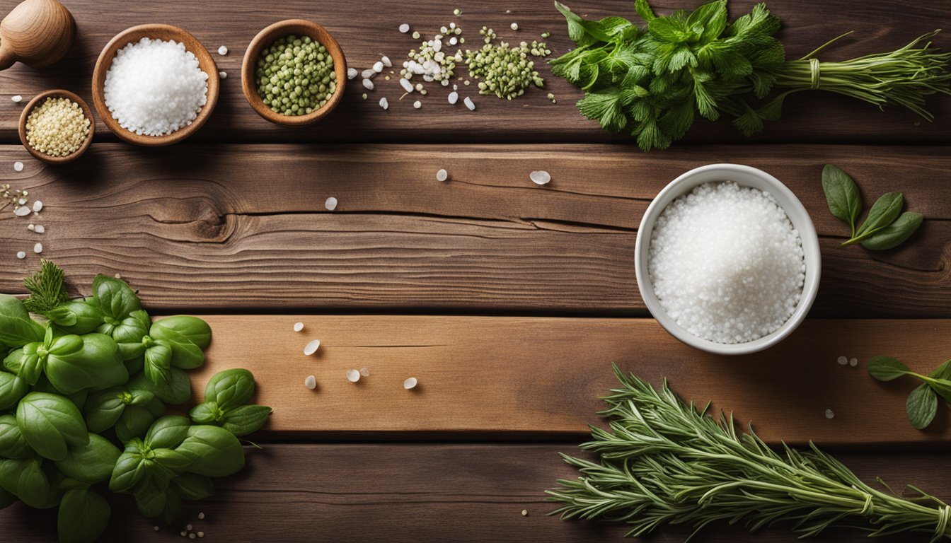 Fresh herbs and sea salt on a wooden table, ready to be mixed