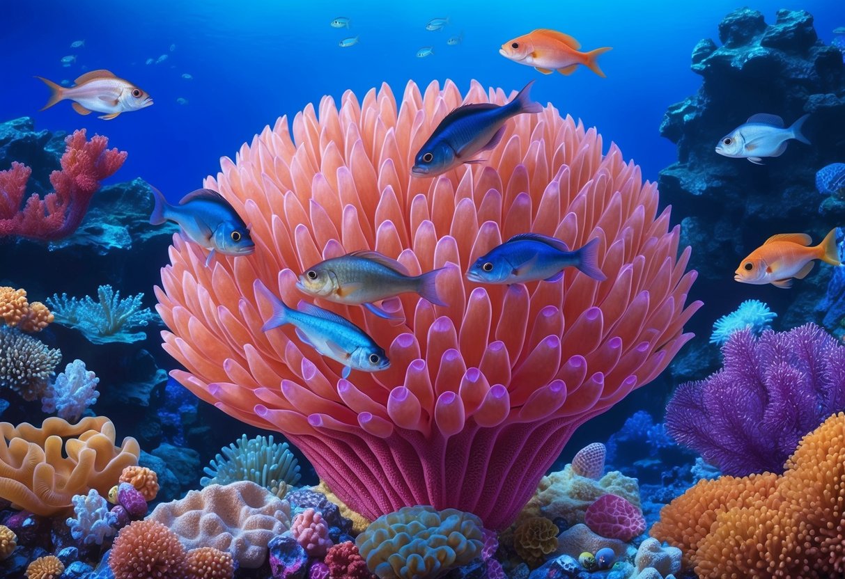 A venus flower basket provides shelter for small fish and shrimp in a vibrant coral reef