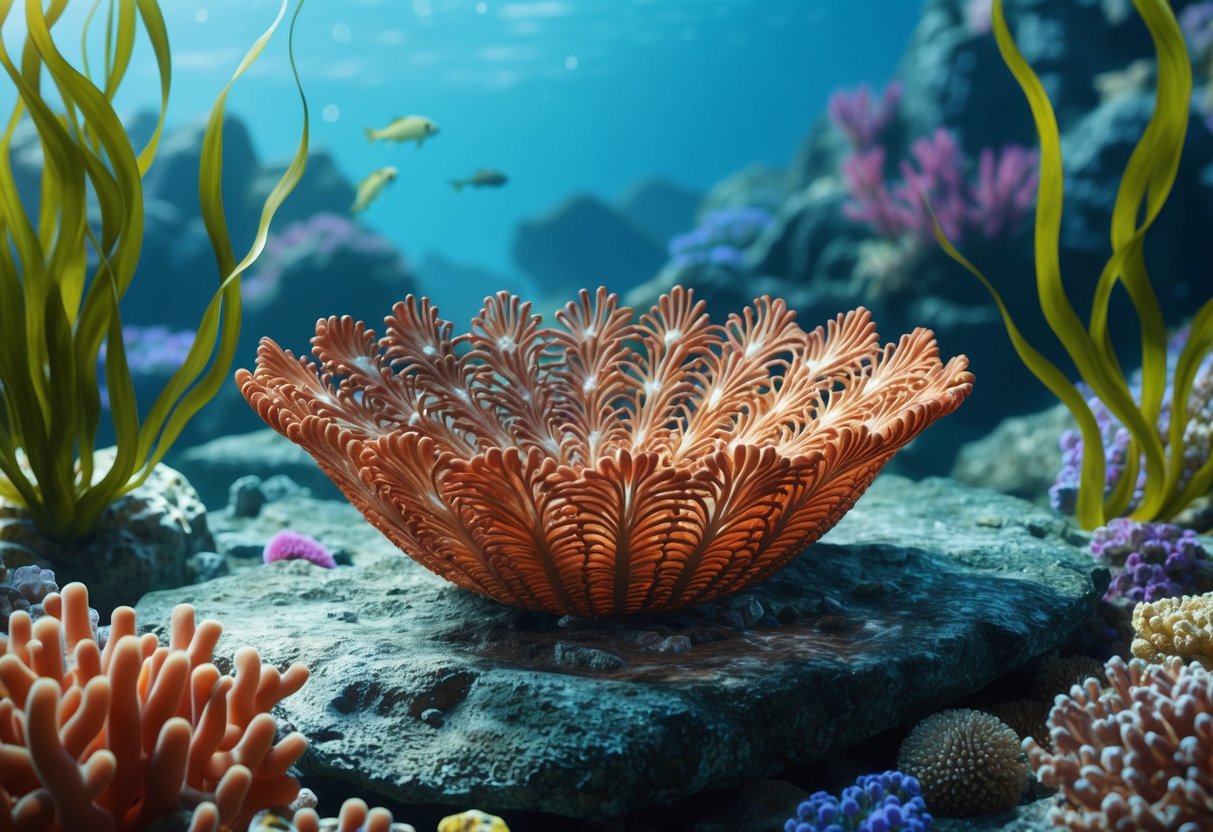 A reproduction venus flower basket rests on a rocky ocean floor, surrounded by colorful coral and gently swaying seaweed