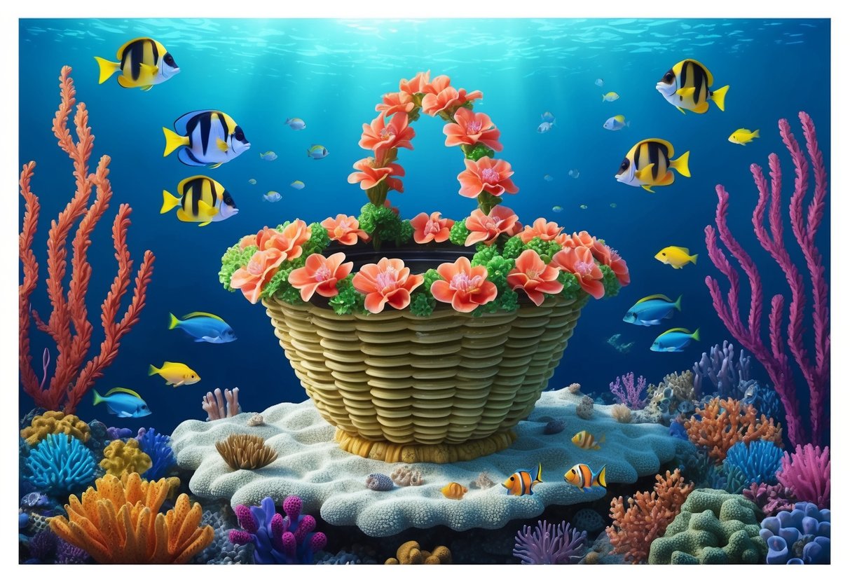 A Venus flower basket sits on a coral reef, surrounded by colorful fish and waving sea plants