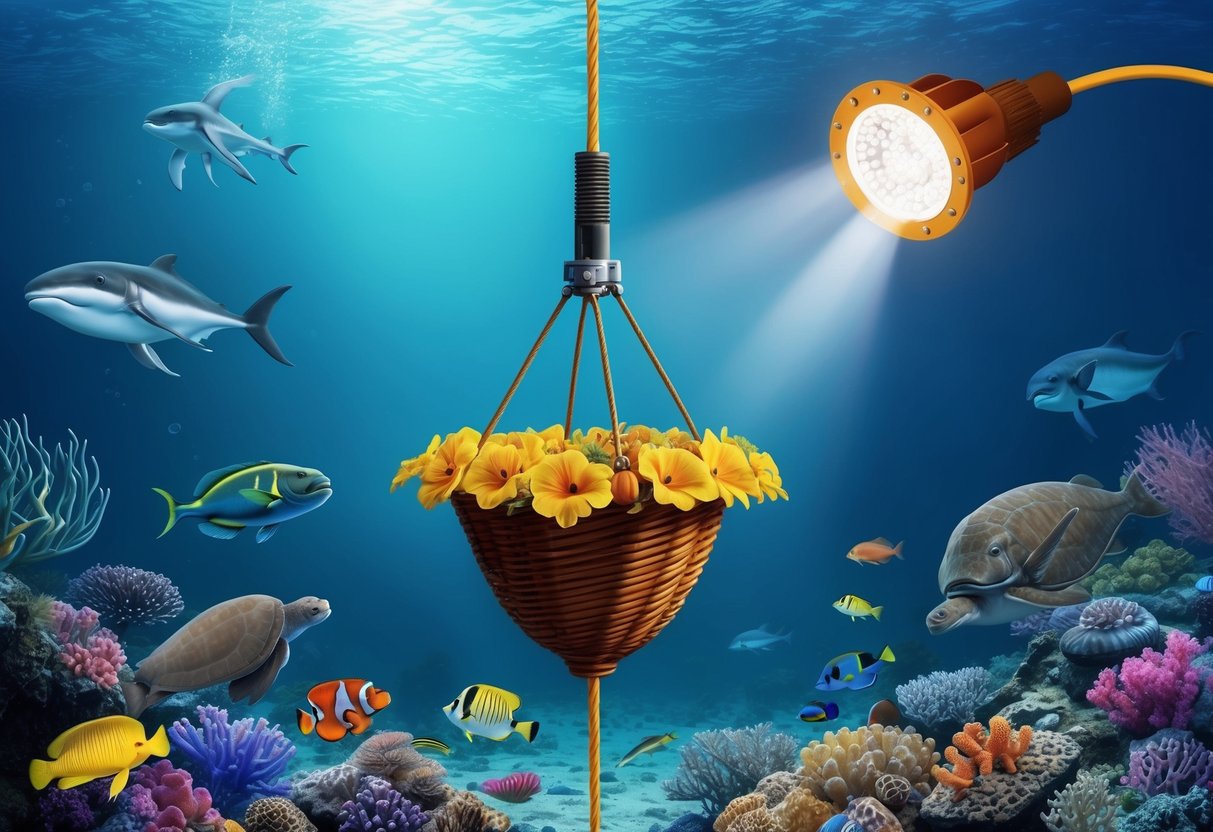 A venus flower basket is attached to a deep-sea cable, surrounded by diverse marine life and illuminated by artificial lighting