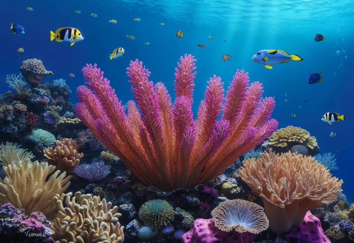 A venus flower basket is nestled among vibrant coral in a bustling underwater ecosystem