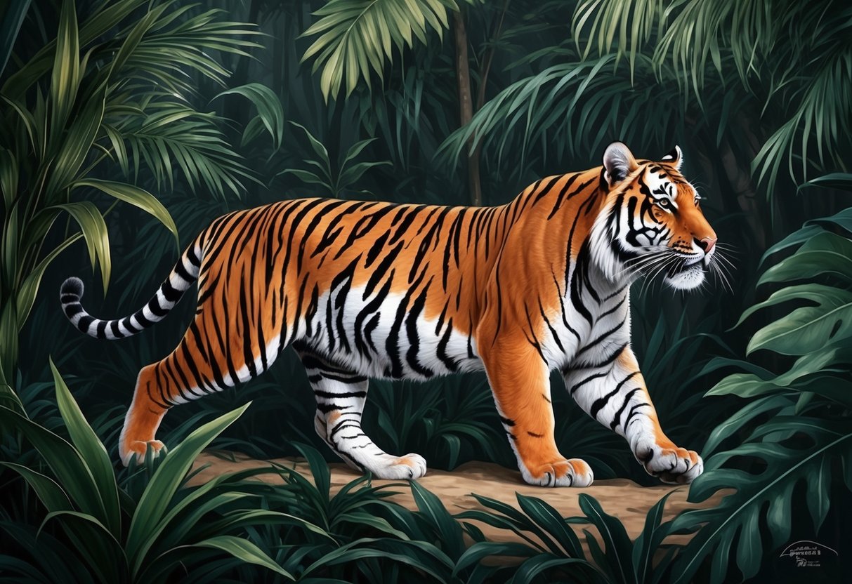 A Sunda tiger prowls through dense jungle foliage, its sleek orange and black stripes blending into the shadows.</p><p>The majestic creature exudes power and grace as it moves through its natural habitat