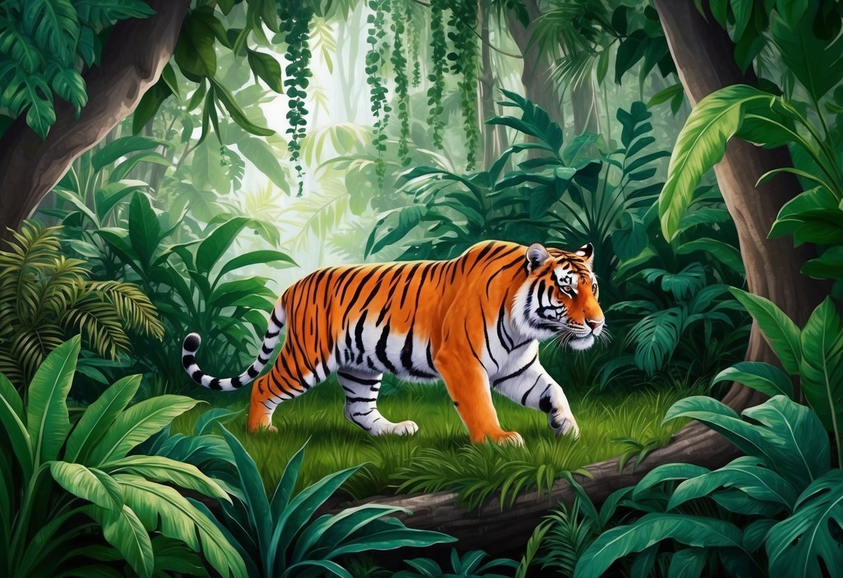 A lush jungle with a lone sunda tiger prowling through the dense foliage, its vibrant orange fur blending in with the greenery as it surveys its diminishing habitat